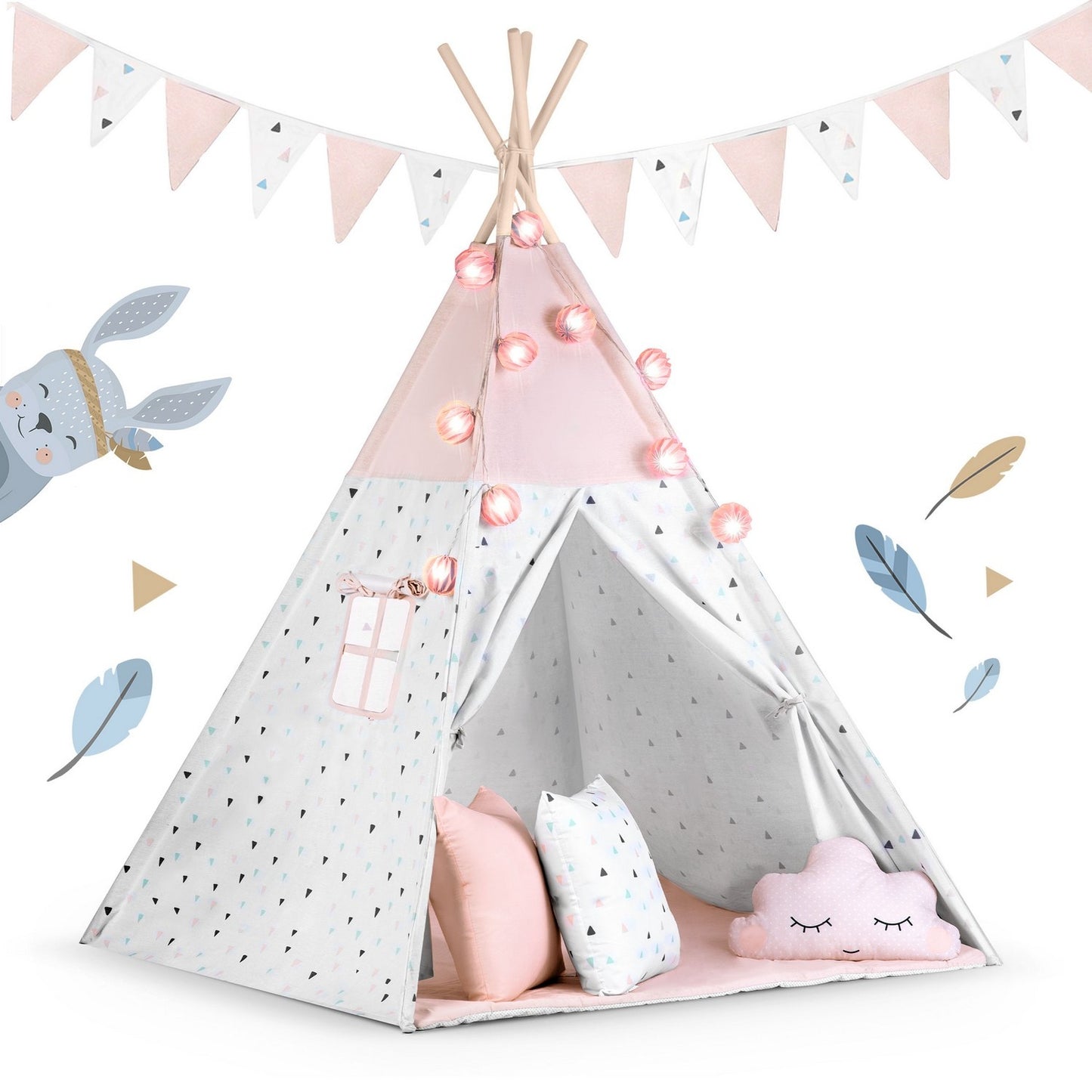Children's teepee tent with garland and light string Nukido - pink