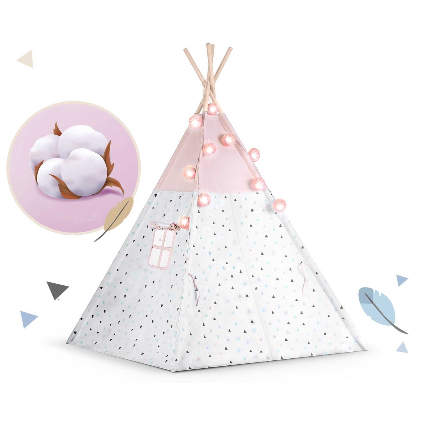 Children's teepee tent with garland and light string Nukido - pink