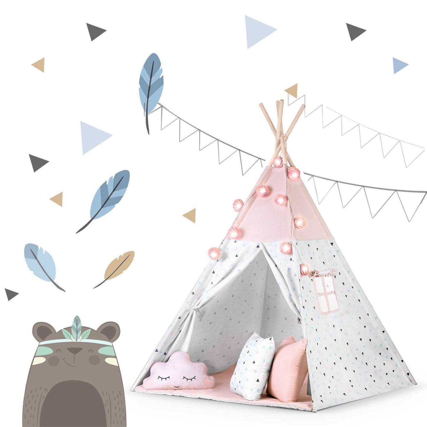 Children's teepee tent with garland and light string Nukido - pink