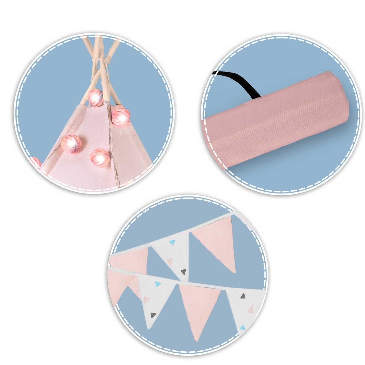 Children's teepee tent with garland and light string Nukido - pink