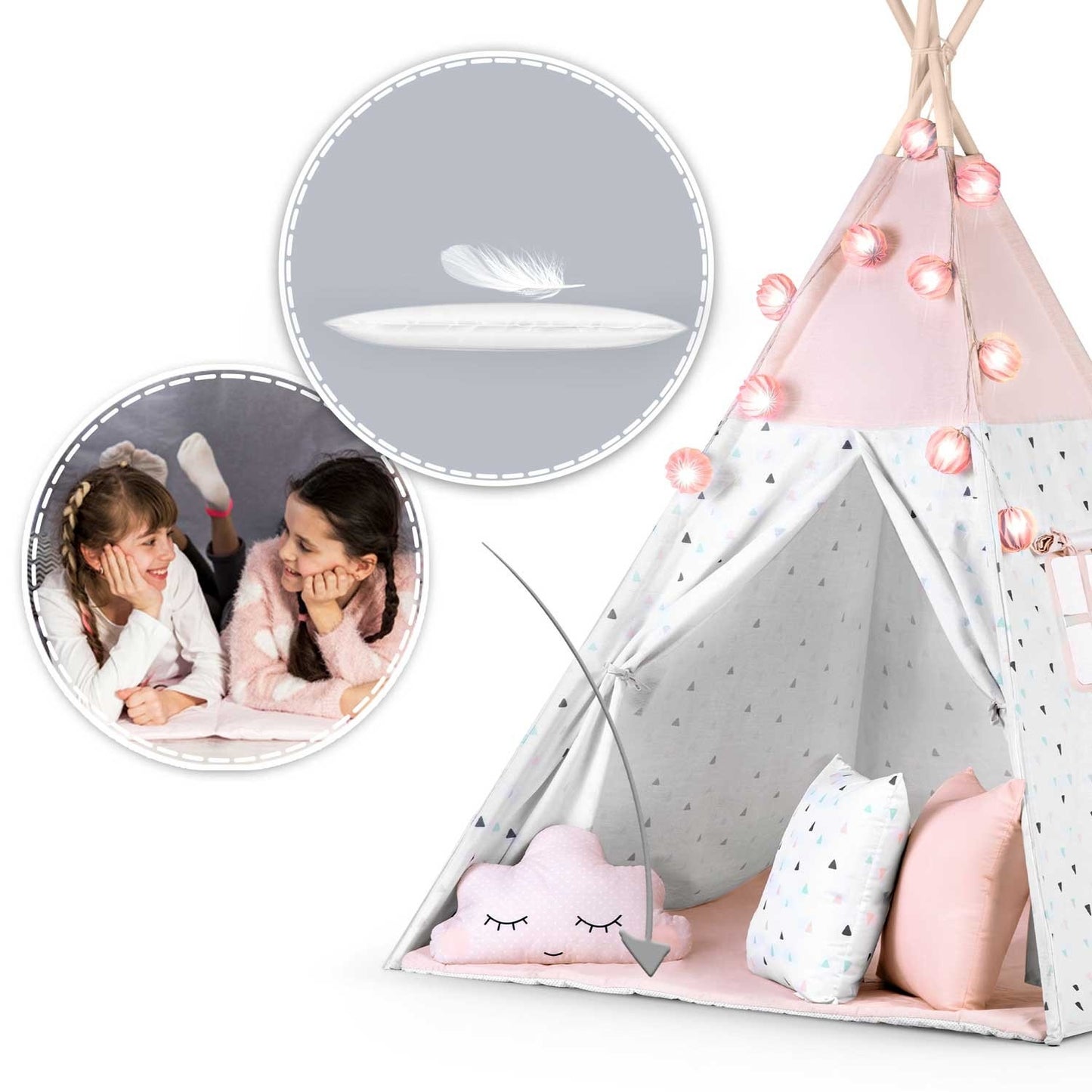 Children's teepee tent with garland and light string Nukido - pink
