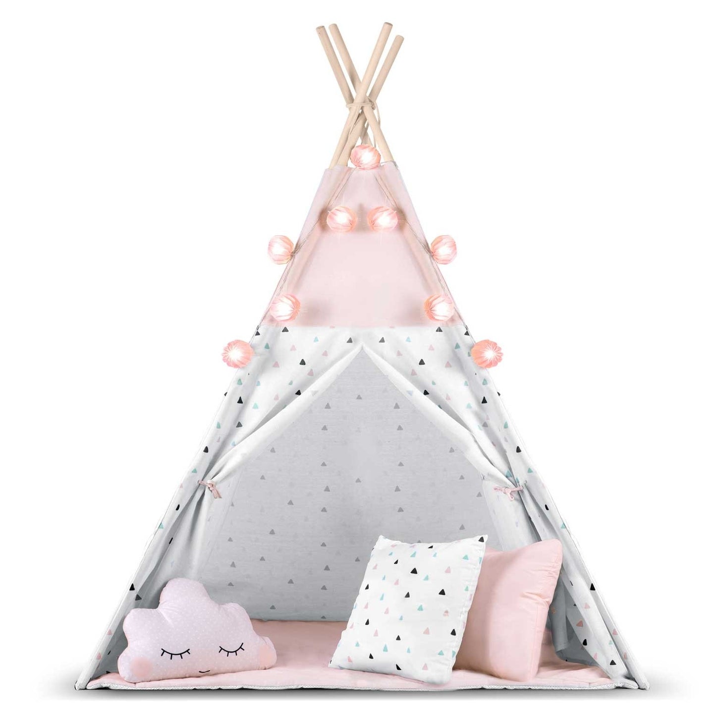 Children's teepee tent with garland and light string Nukido - pink
