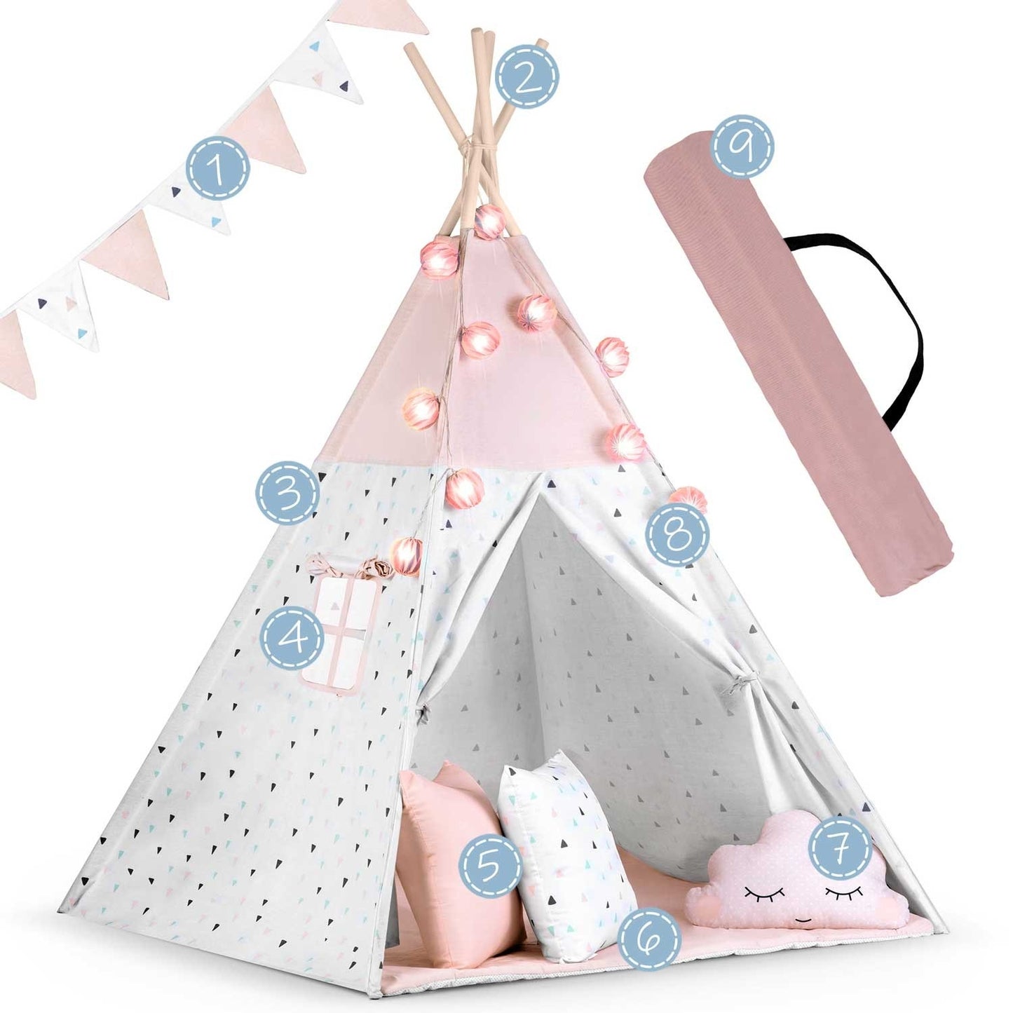 Children's teepee tent with garland and light string Nukido - pink