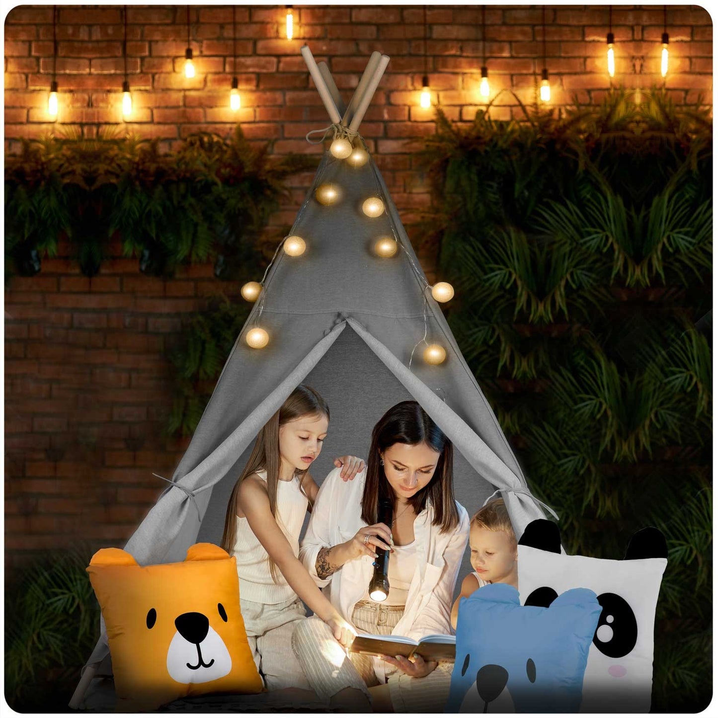 Children's teepee tent with string light Nukido - gray