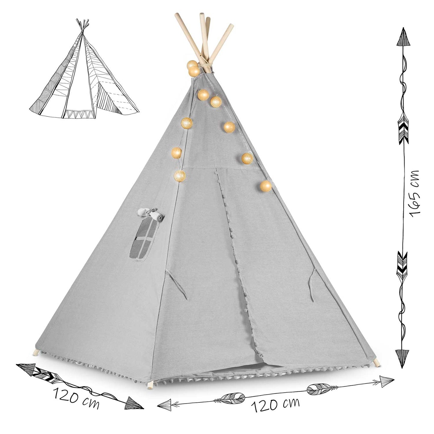 Children's teepee tent with string light Nukido - gray