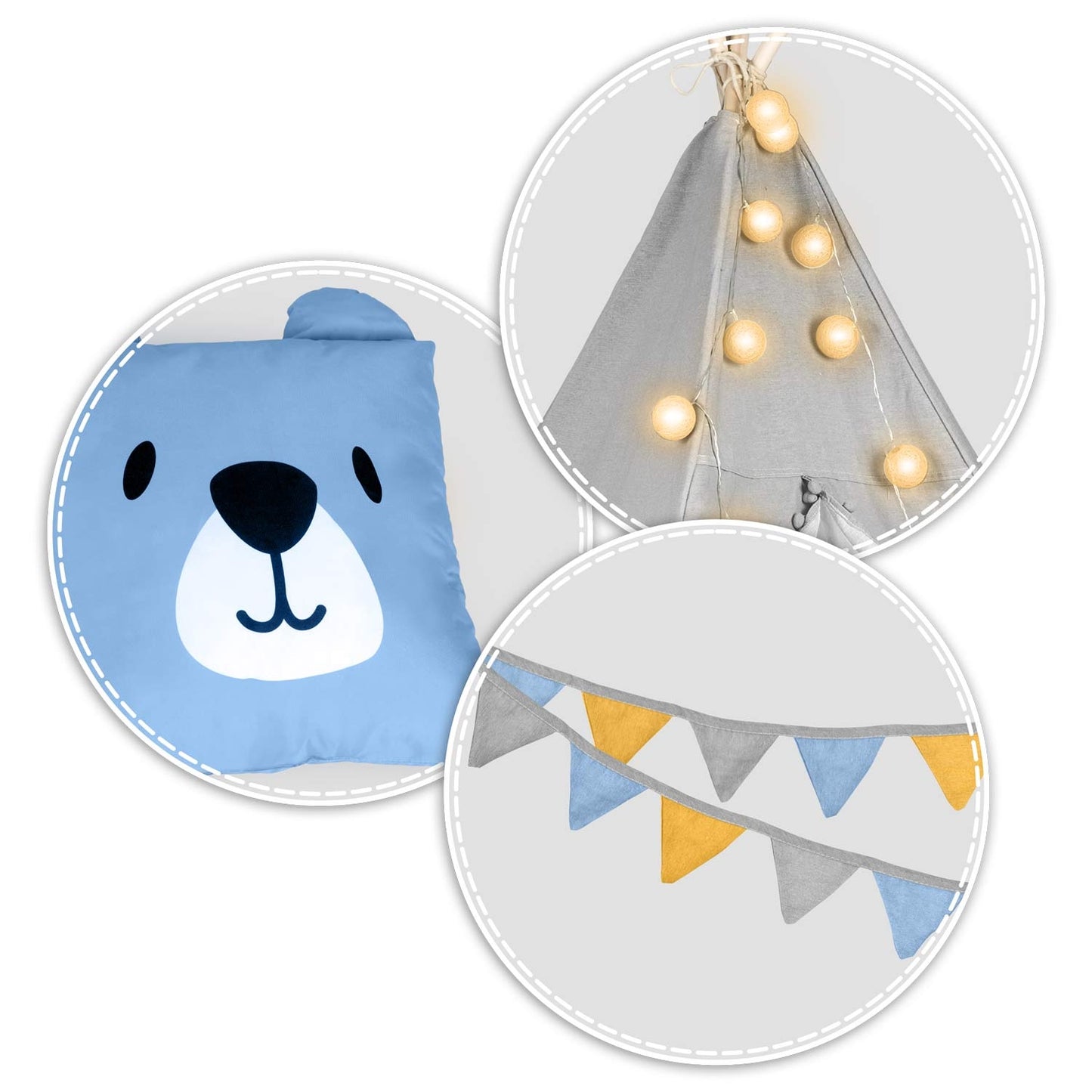 Children's teepee tent with string light Nukido - gray