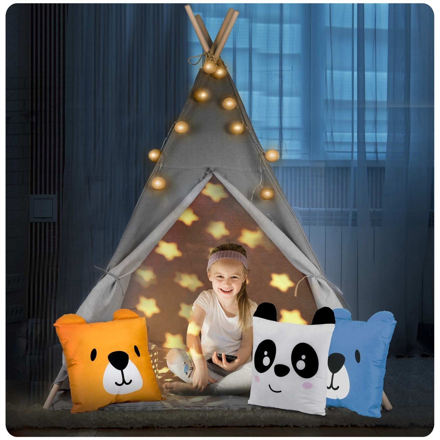 Children's teepee tent with string light Nukido - gray