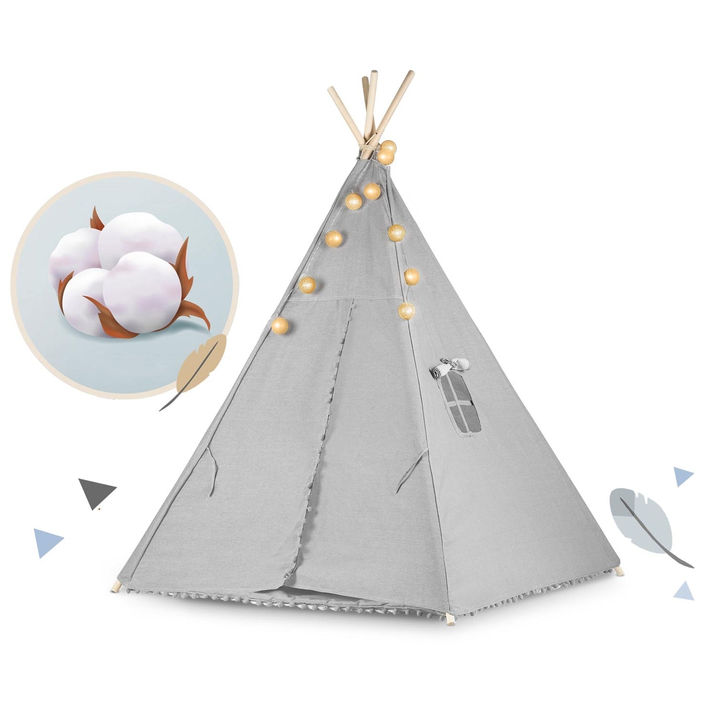 Children's teepee tent with string light Nukido - gray