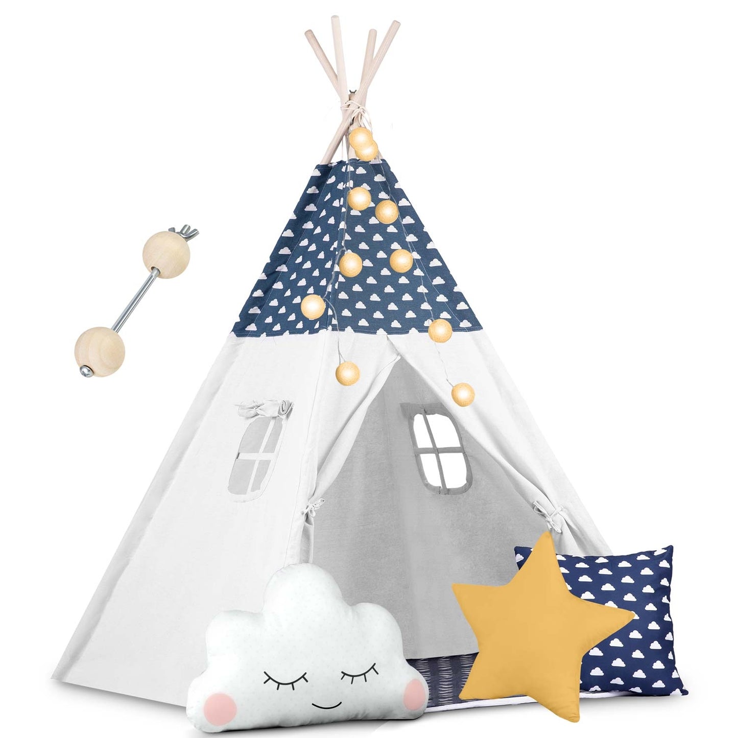 Children's tipi tent with string light Nukido - navy blue