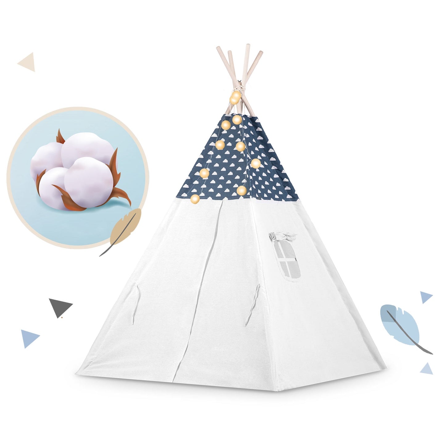 Children's tipi tent with string light Nukido - navy blue