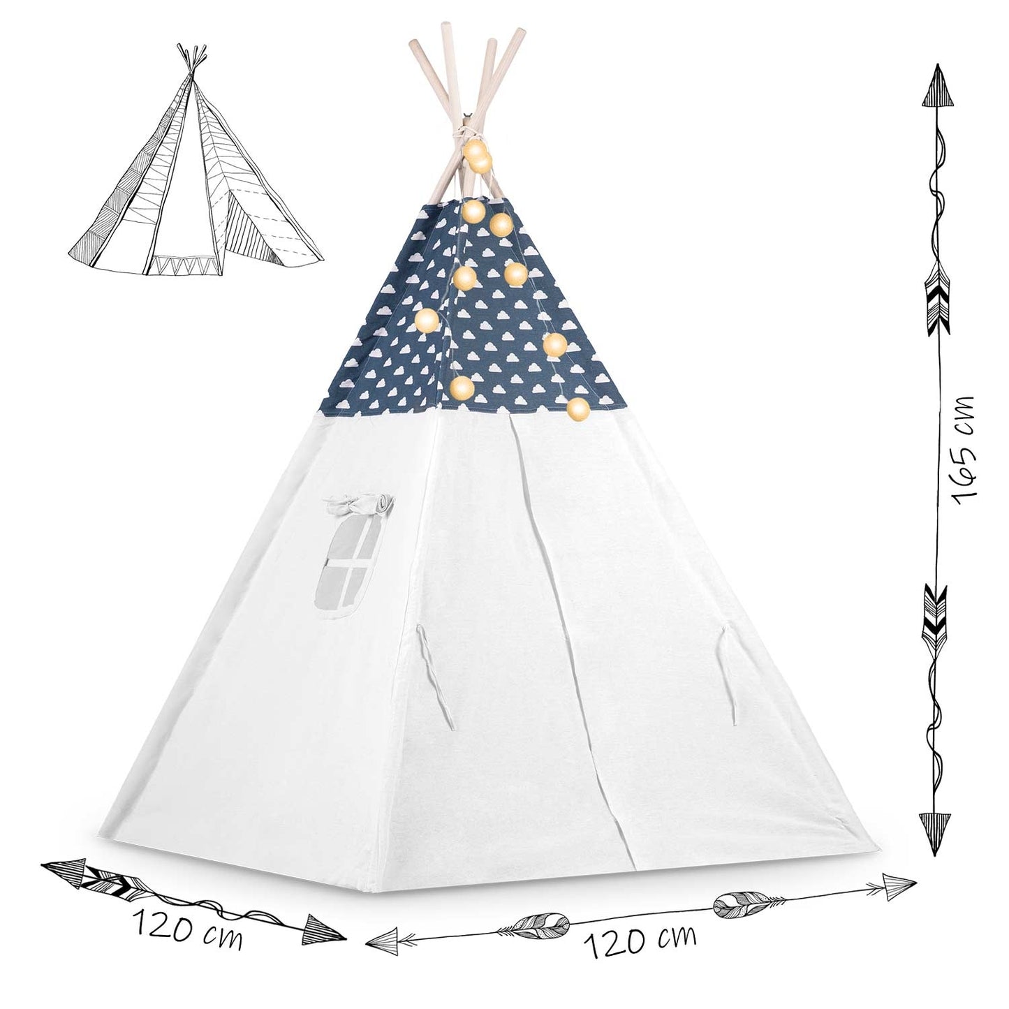 Children's tipi tent with string light Nukido - navy blue
