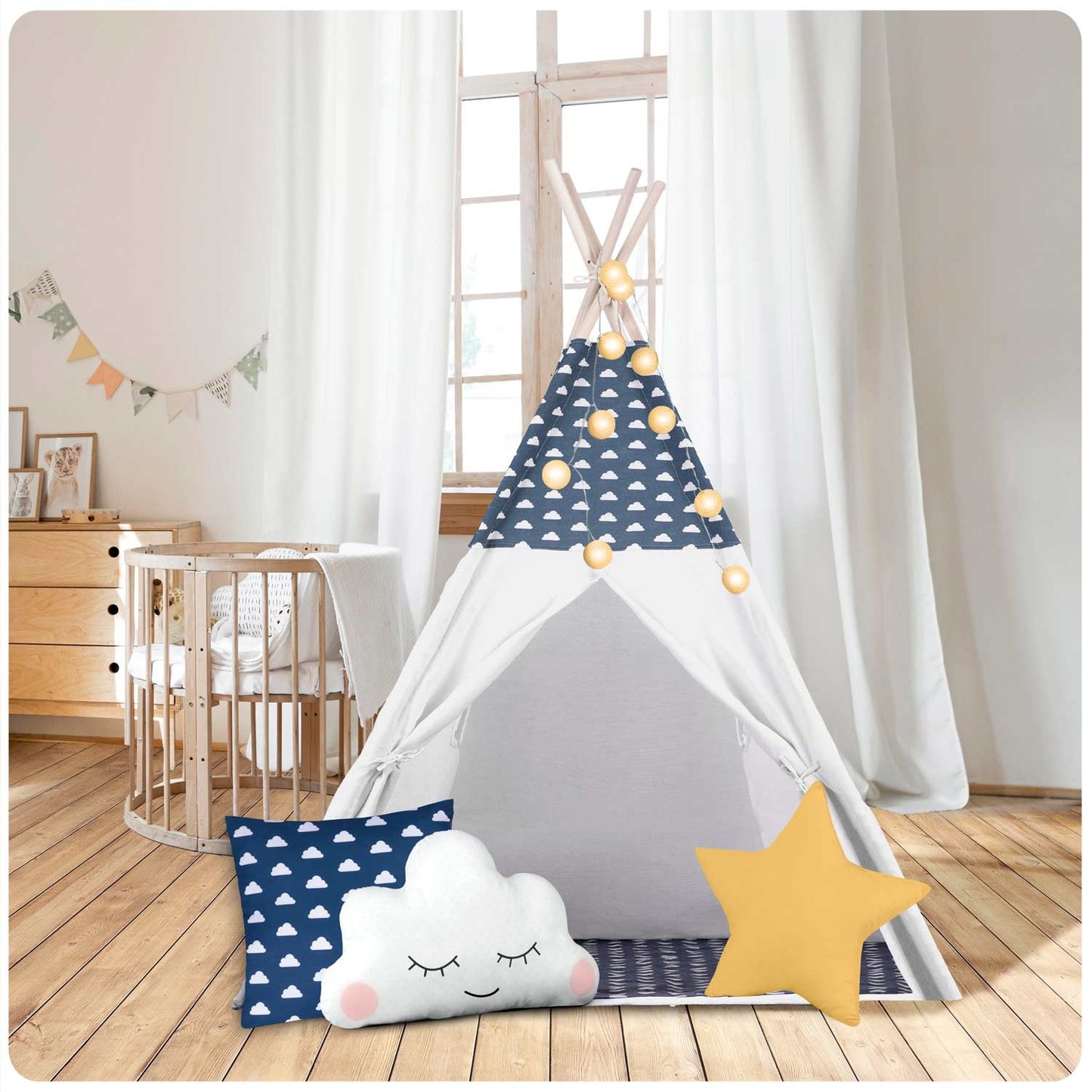 Children's tipi tent with string light Nukido - navy blue