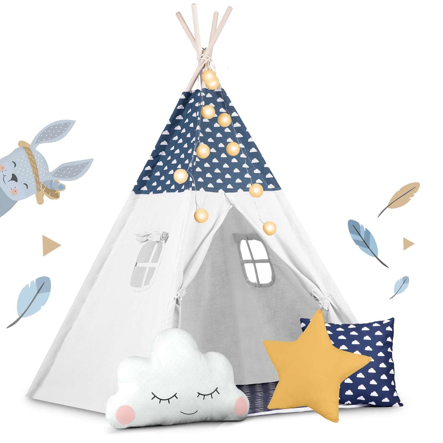 Children's tipi tent with string light Nukido - navy blue