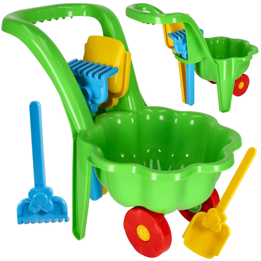 Children's wheelbarrow daisy garden set with shovel and rake green