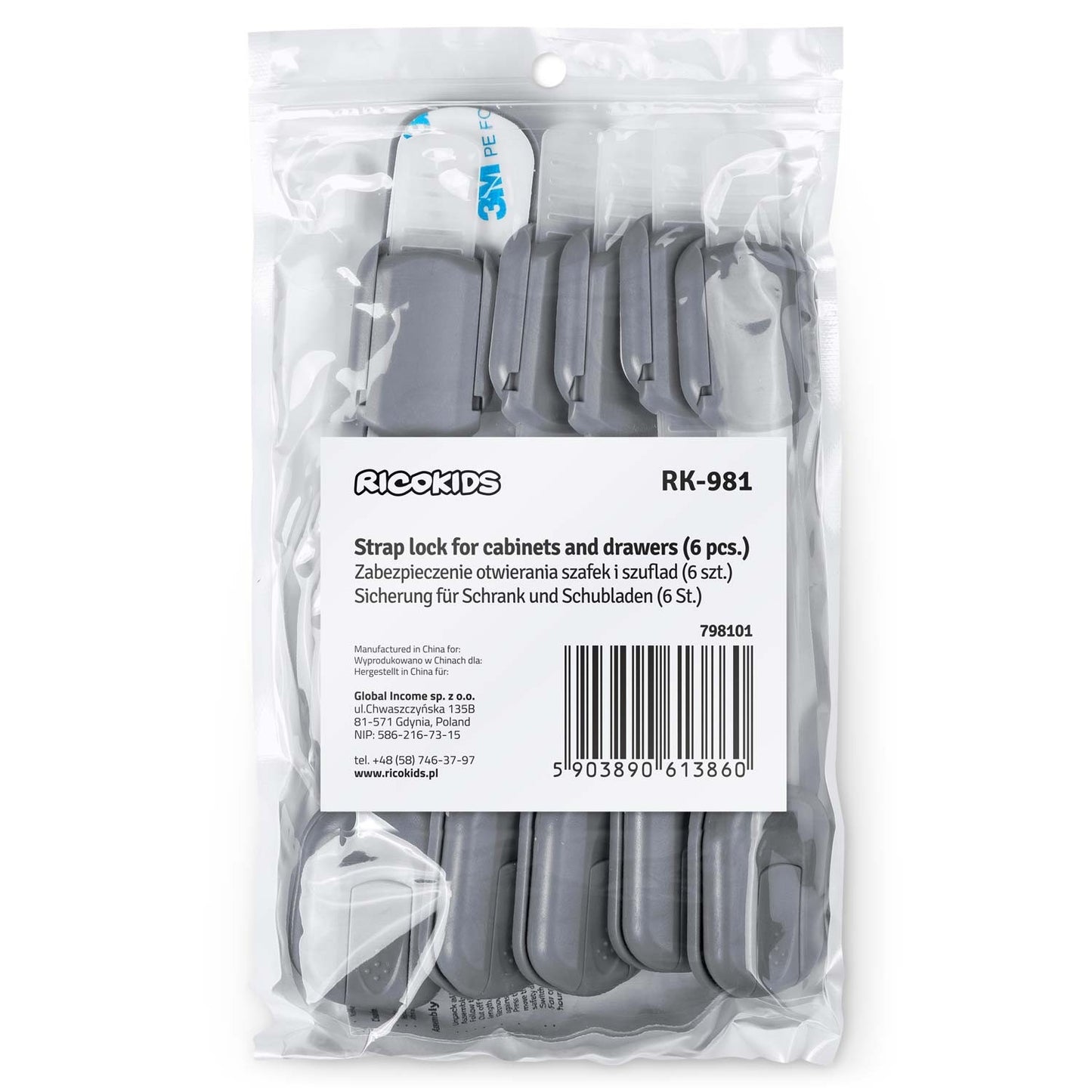Child safety lock for cabinets Ricokids 798101, 6 pcs, grey