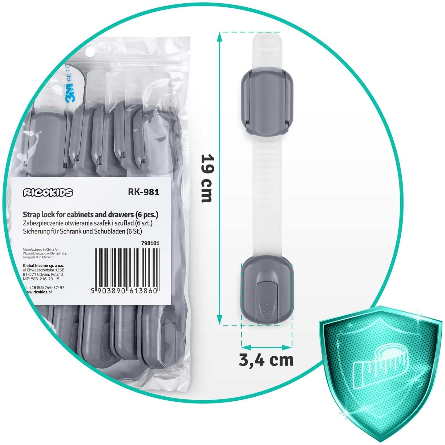 Child safety lock for cabinets Ricokids 798101, 6 pcs, grey