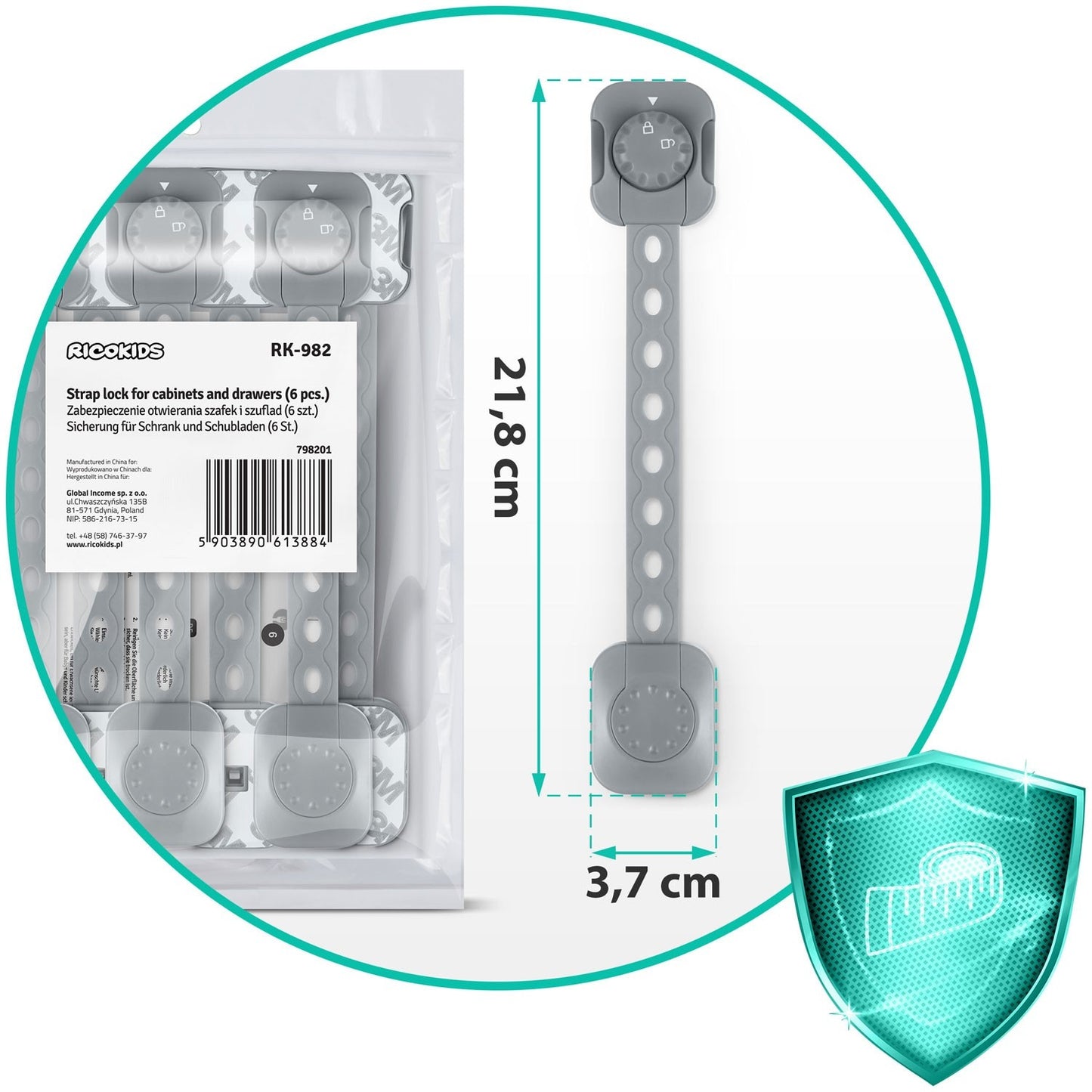 Child safety lock for cabinets Ricokids 798201, 6-pack, grey