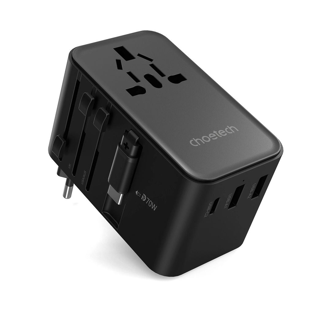 Choetech Travel Adapter with Built-in USB-C Cable 70W EU/US/AUS/UK - Black