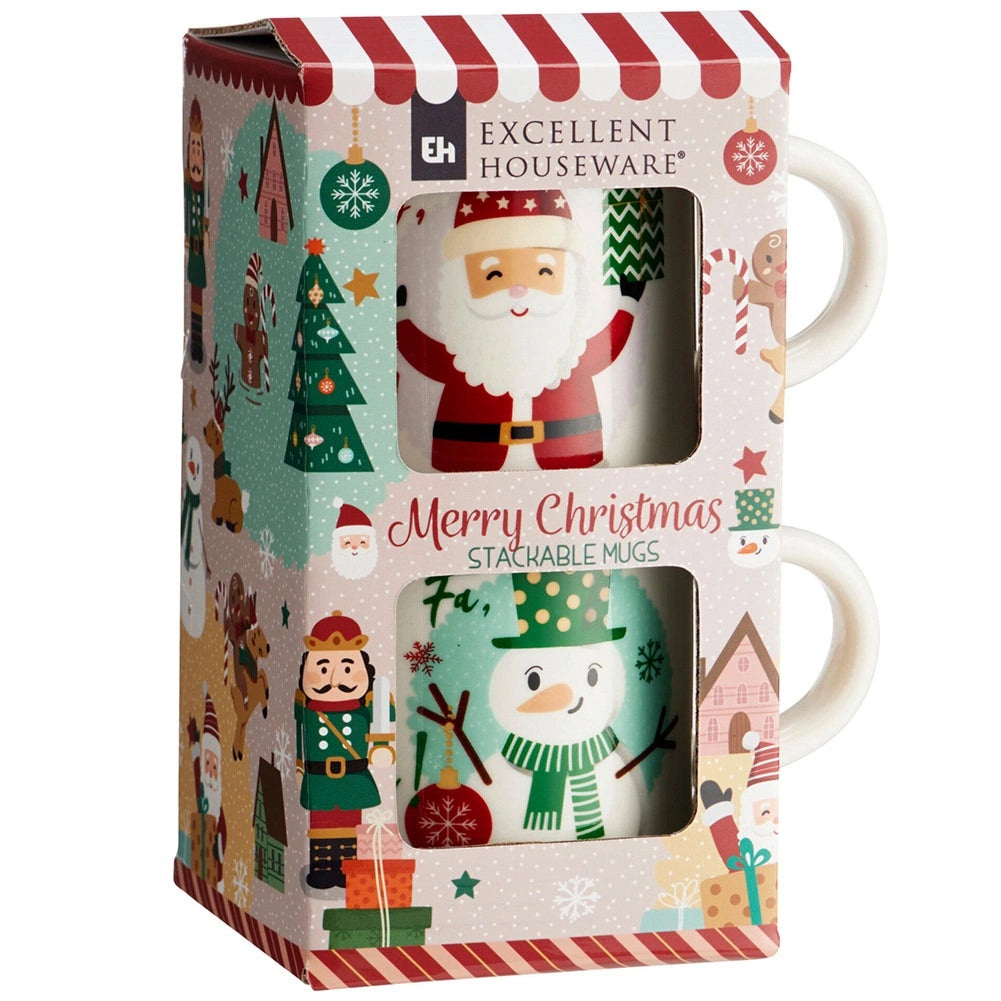 Christmas Porcelain Mugs Set, Santa & Snowman, 400ml, 2-Pack