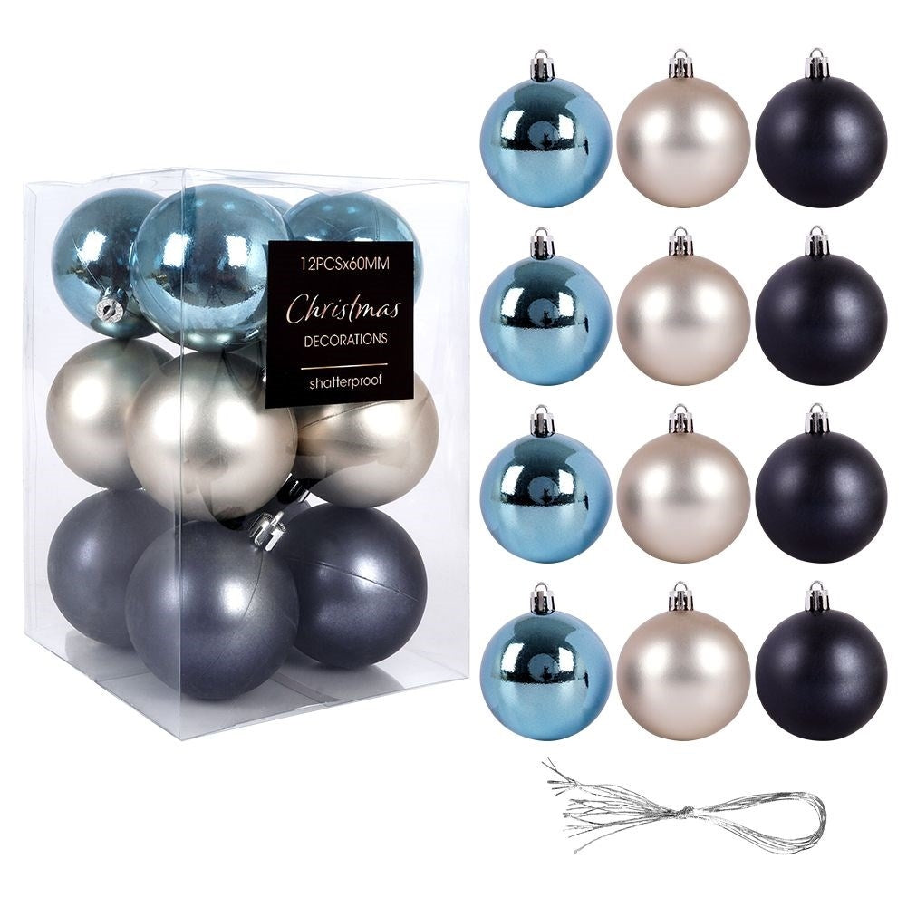 Christmas Tree Baubles Set - 12 Unbreakable Baubles in Blue and Silver