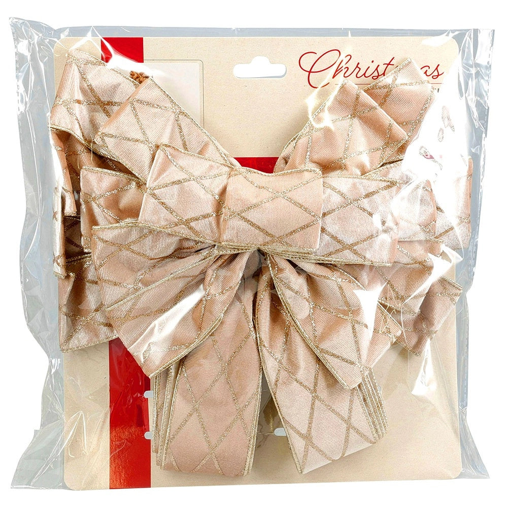 Christmas Tree Topper Bow, Beige Glitter, 130x33 cm