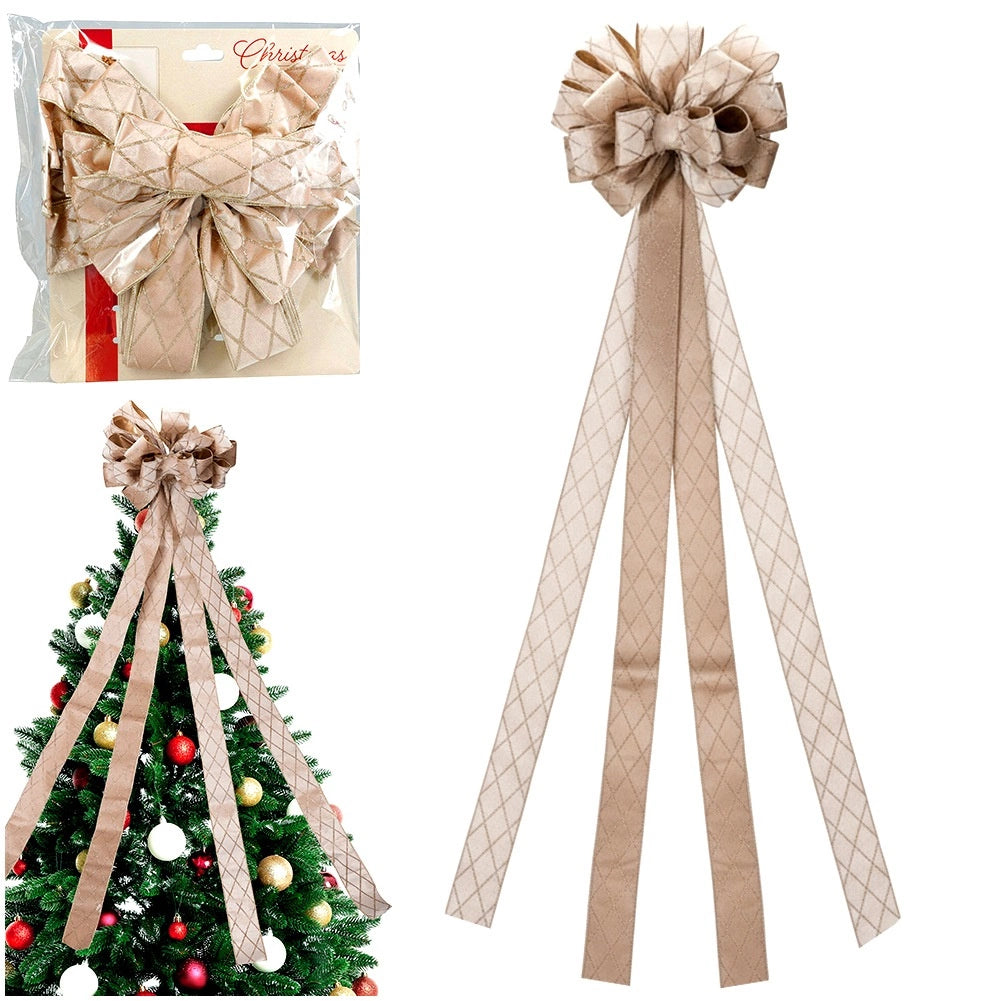 Christmas Tree Topper Bow, Beige Glitter, 130x33 cm
