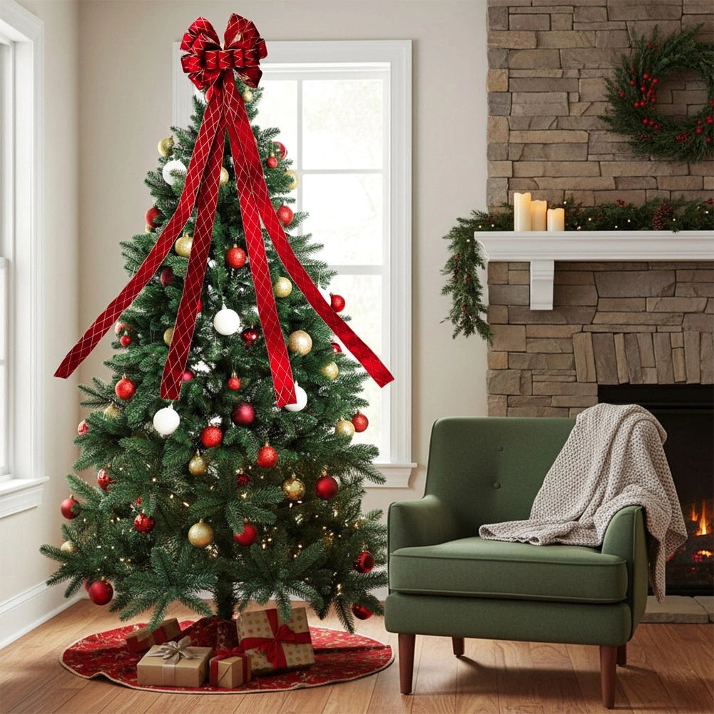 Christmas Tree Topper Bow, Red Glitter, 130x33 cm