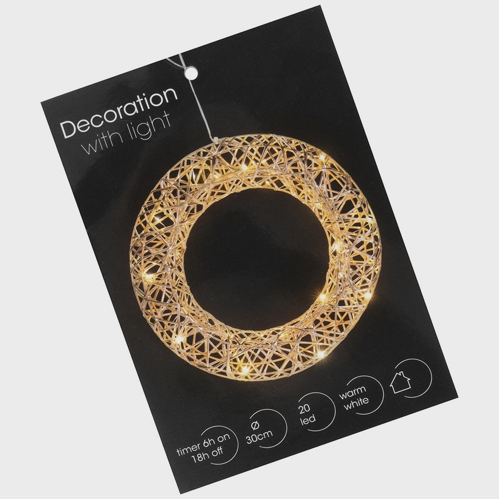 Christmas Wreath, 30 cm, Gold, 20 LED Lights, Battery Timer