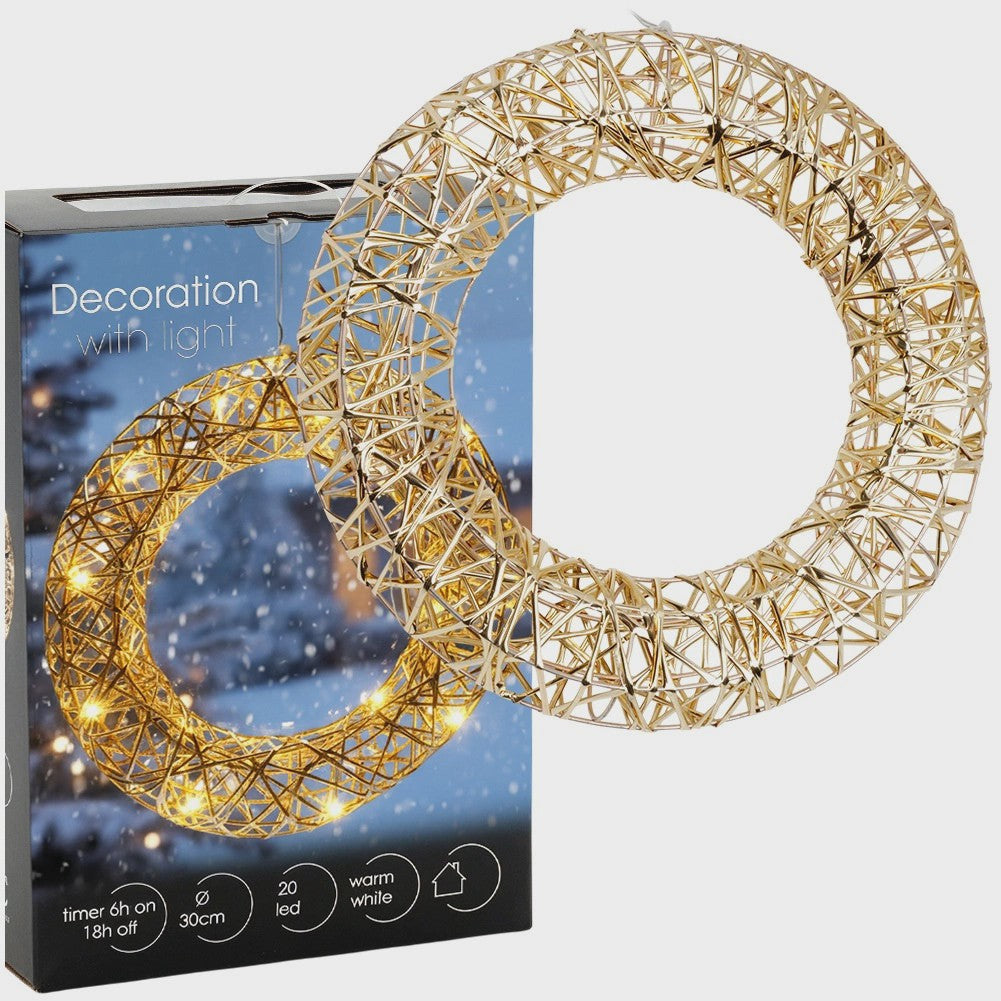 Christmas Wreath, 30 cm, Gold, 20 LED Lights, Battery Timer