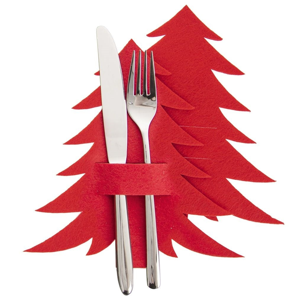 Christmas cutlery case in red felt - 2 Christmas tree-shaped sets