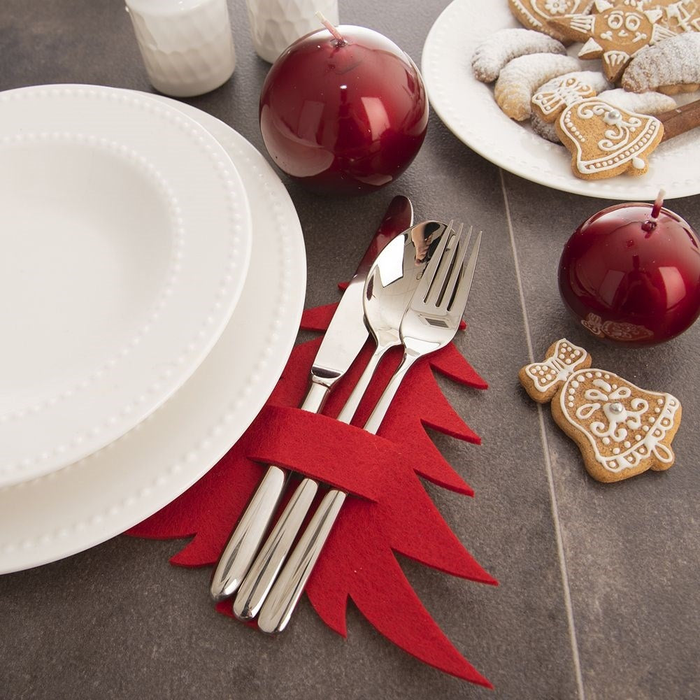 Christmas cutlery case in red felt - 2 Christmas tree-shaped sets