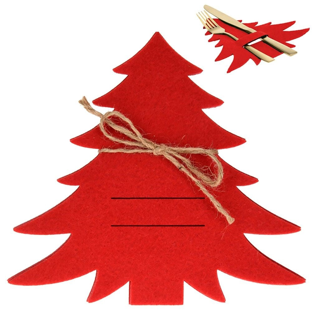Christmas cutlery case in red felt - 4 Christmas tree-shaped sets