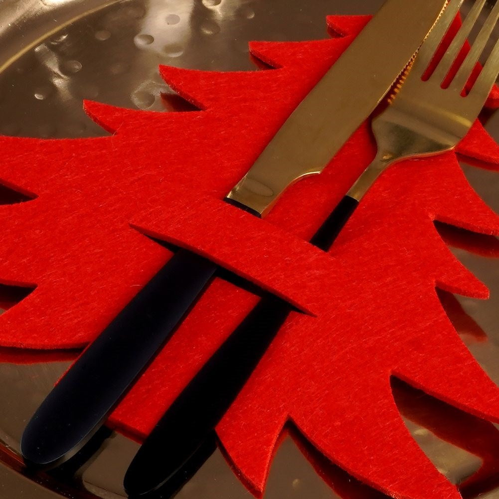 Christmas cutlery case in red felt - 4 Christmas tree-shaped sets