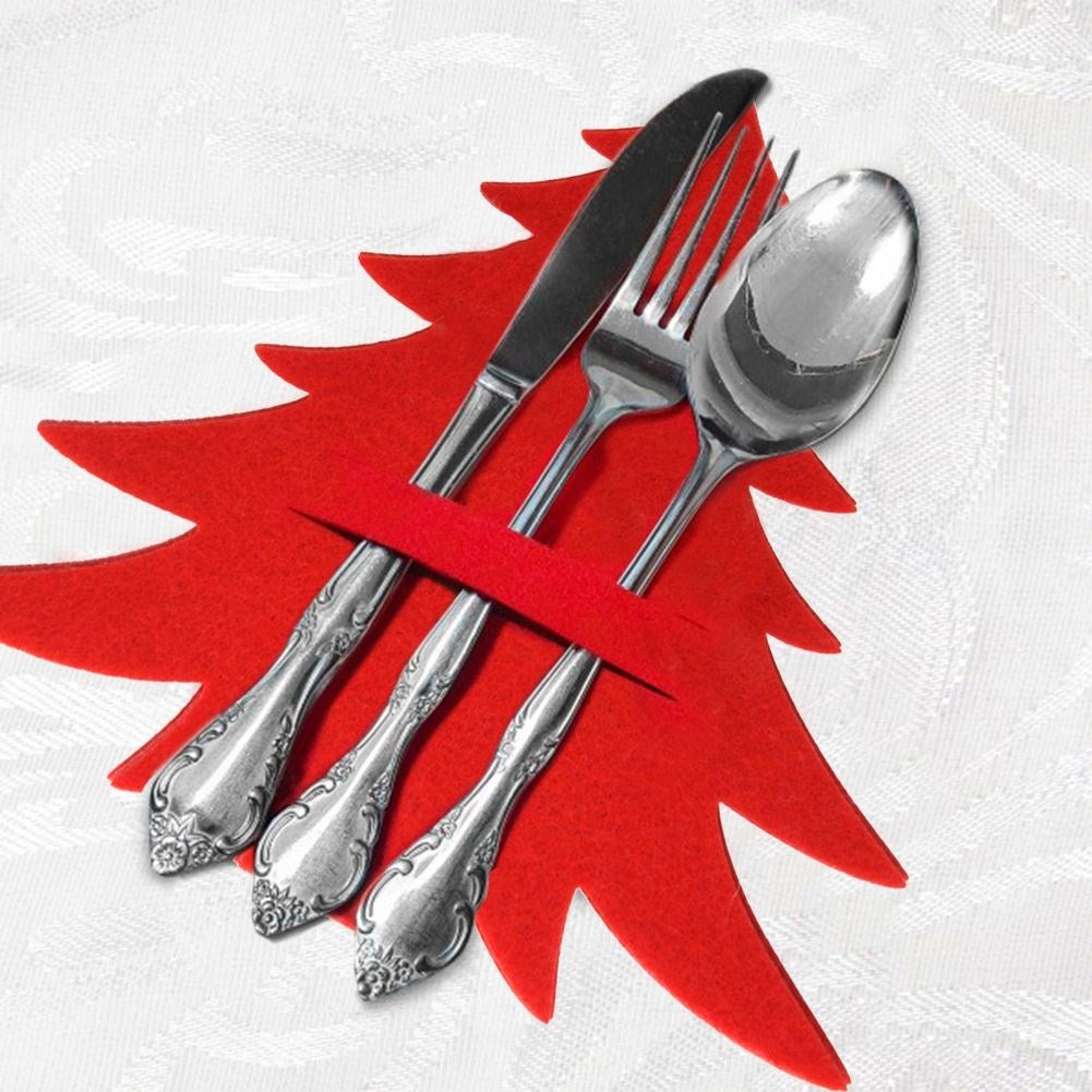 Christmas cutlery case in red felt - 4 Christmas tree-shaped sets