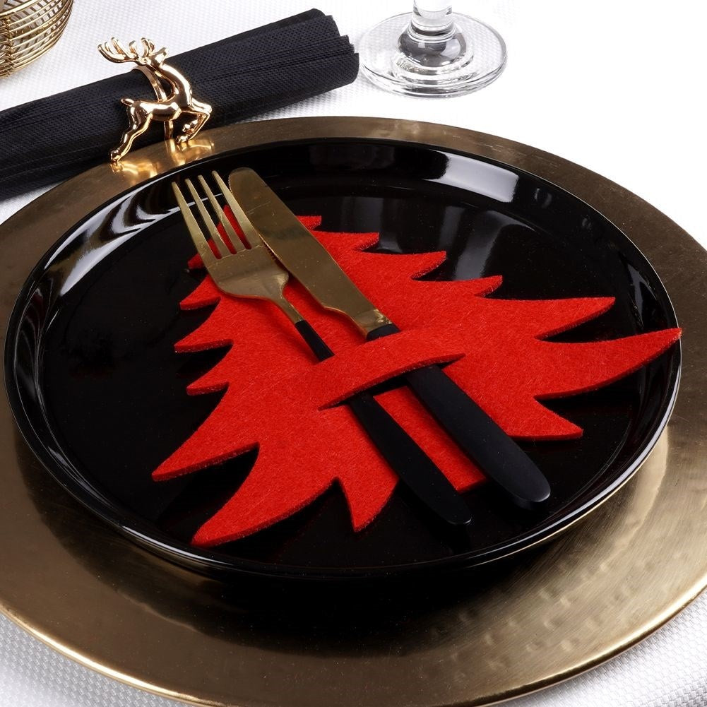 Christmas cutlery case in red felt - 4 Christmas tree-shaped sets