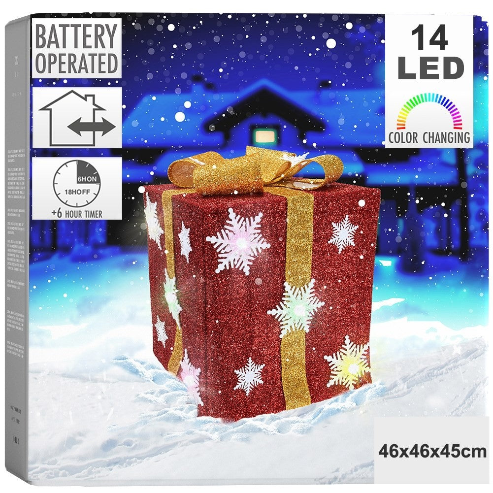 Christmas gift: Red with golden bow, snowflakes & LED lights