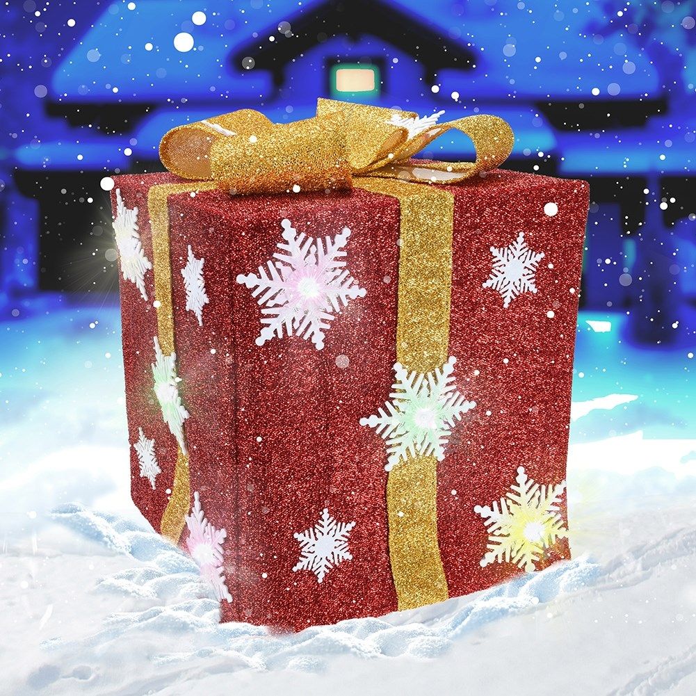 Christmas gift: Red with golden bow, snowflakes & LED lights