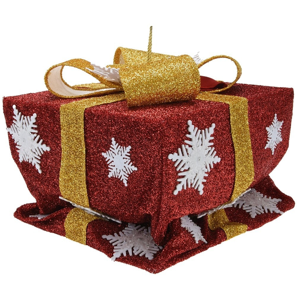Christmas gift: Red with golden bow, snowflakes & LED lights