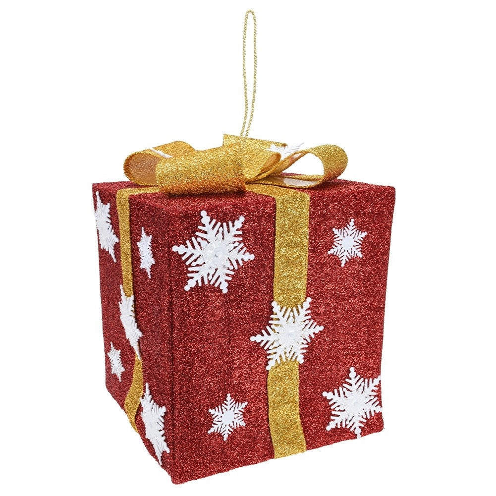 Christmas gift: Red with golden bow, snowflakes & LED lights