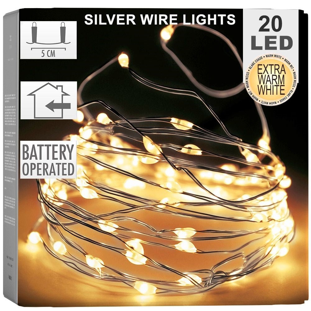 Christmas lighting 20 LED warm white on silver wire, 95 cm long