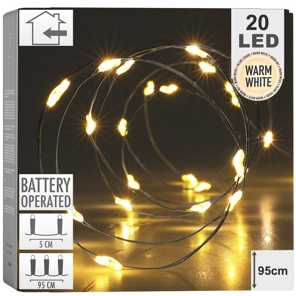 Christmas lighting: 20 warm white LEDs on silver wire, 95 cm long