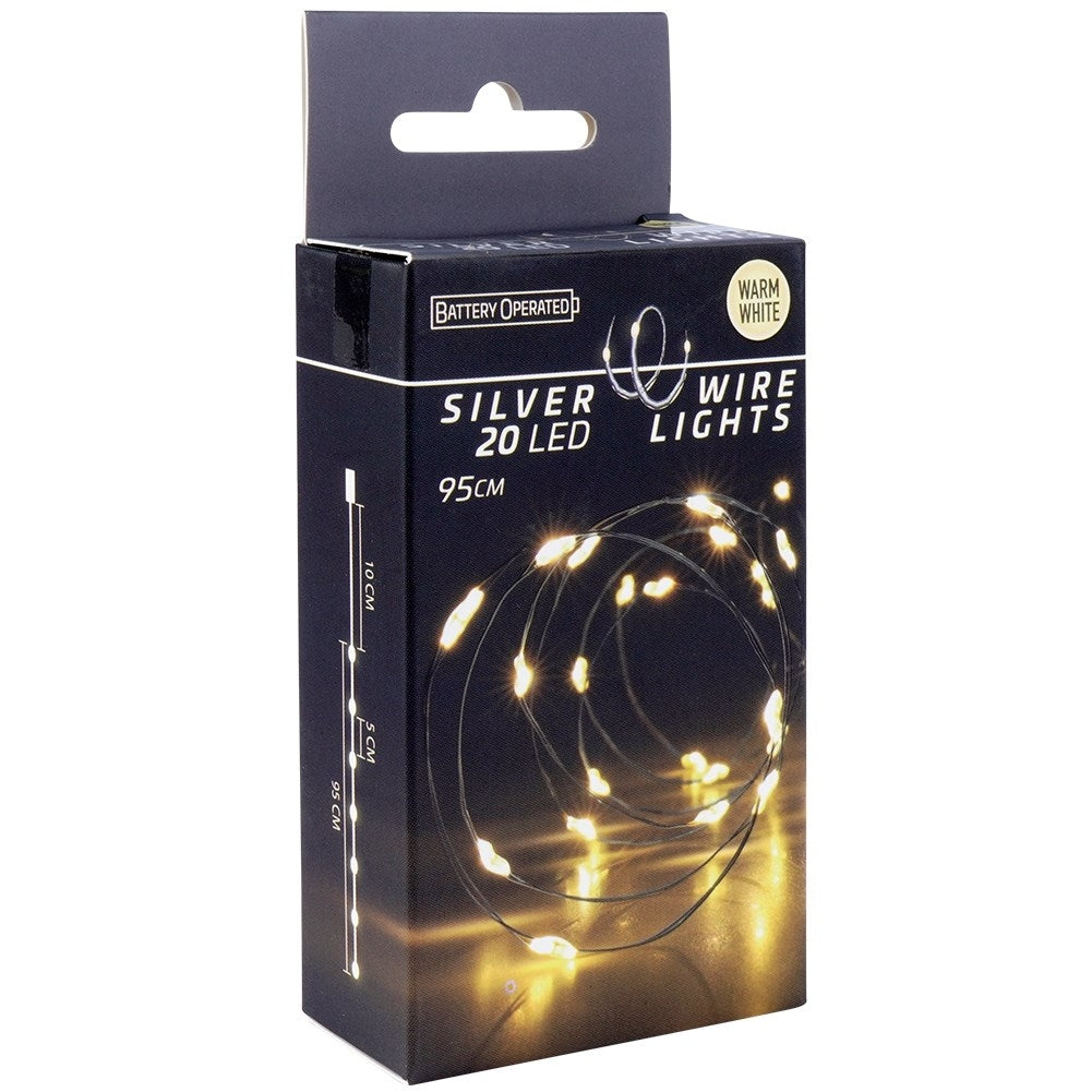 Christmas lighting: 20 warm white LEDs on silver wire, 95 cm long
