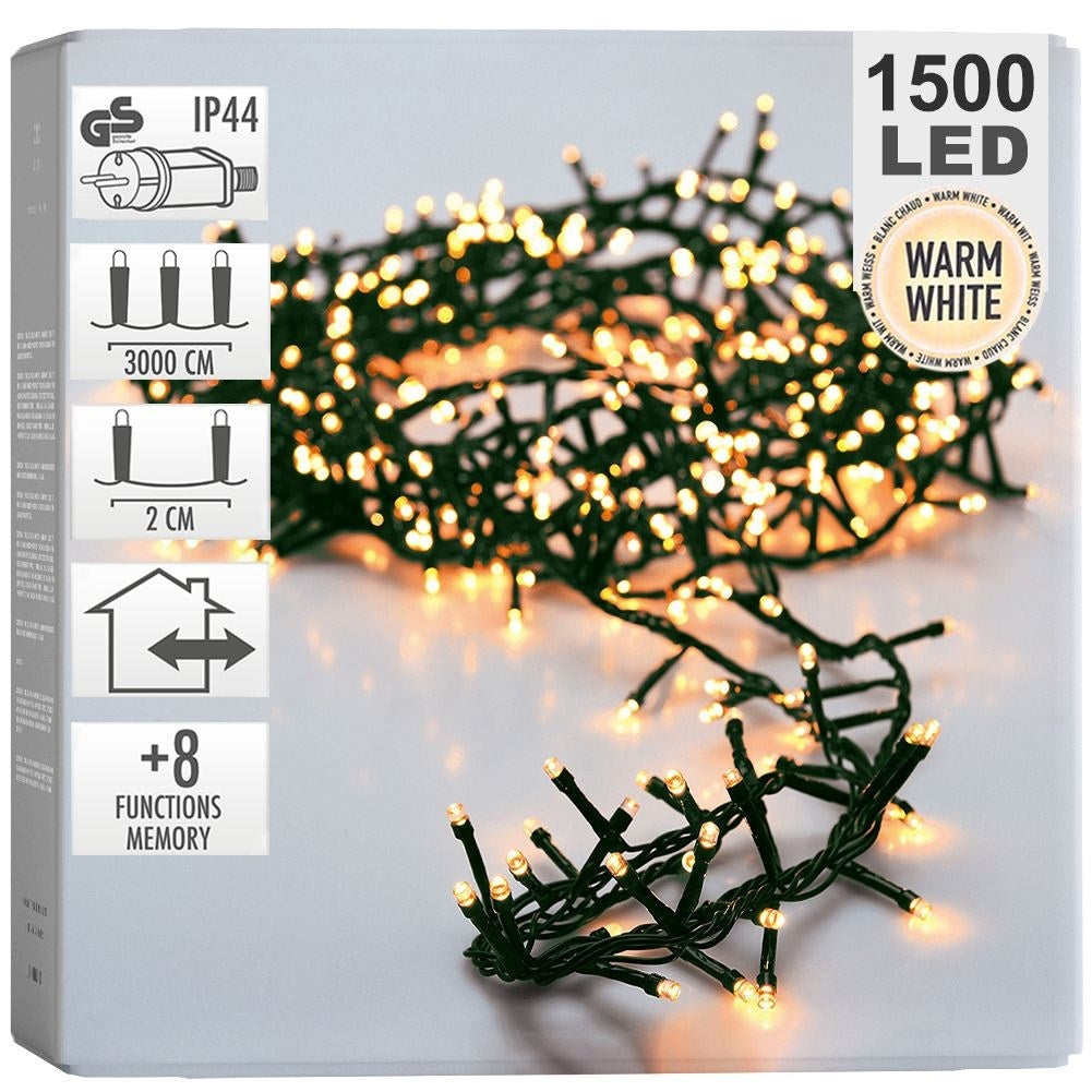 Christmas lighting warm white 30m, mains power, green cable, inside/outside