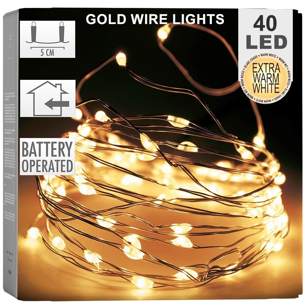 Christmas lighting with 40 warm white LED lights on gold wire