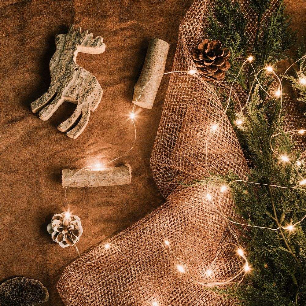 Christmas lighting with 40 warm white LED lights on gold wire