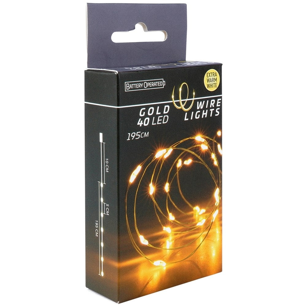 Christmas lighting with 40 warm white LEDs on gold wire, 195 cm long