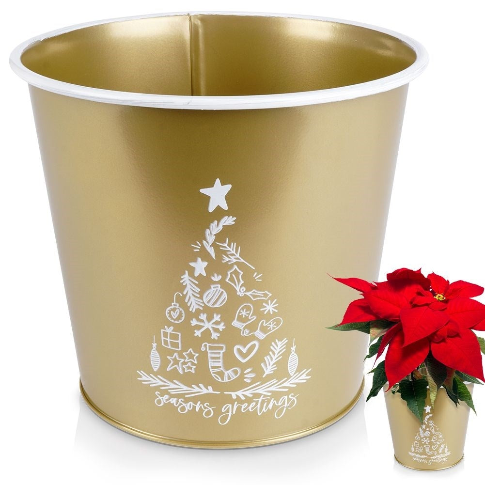 Christmas pot in gold metal with white Christmas tree decoration