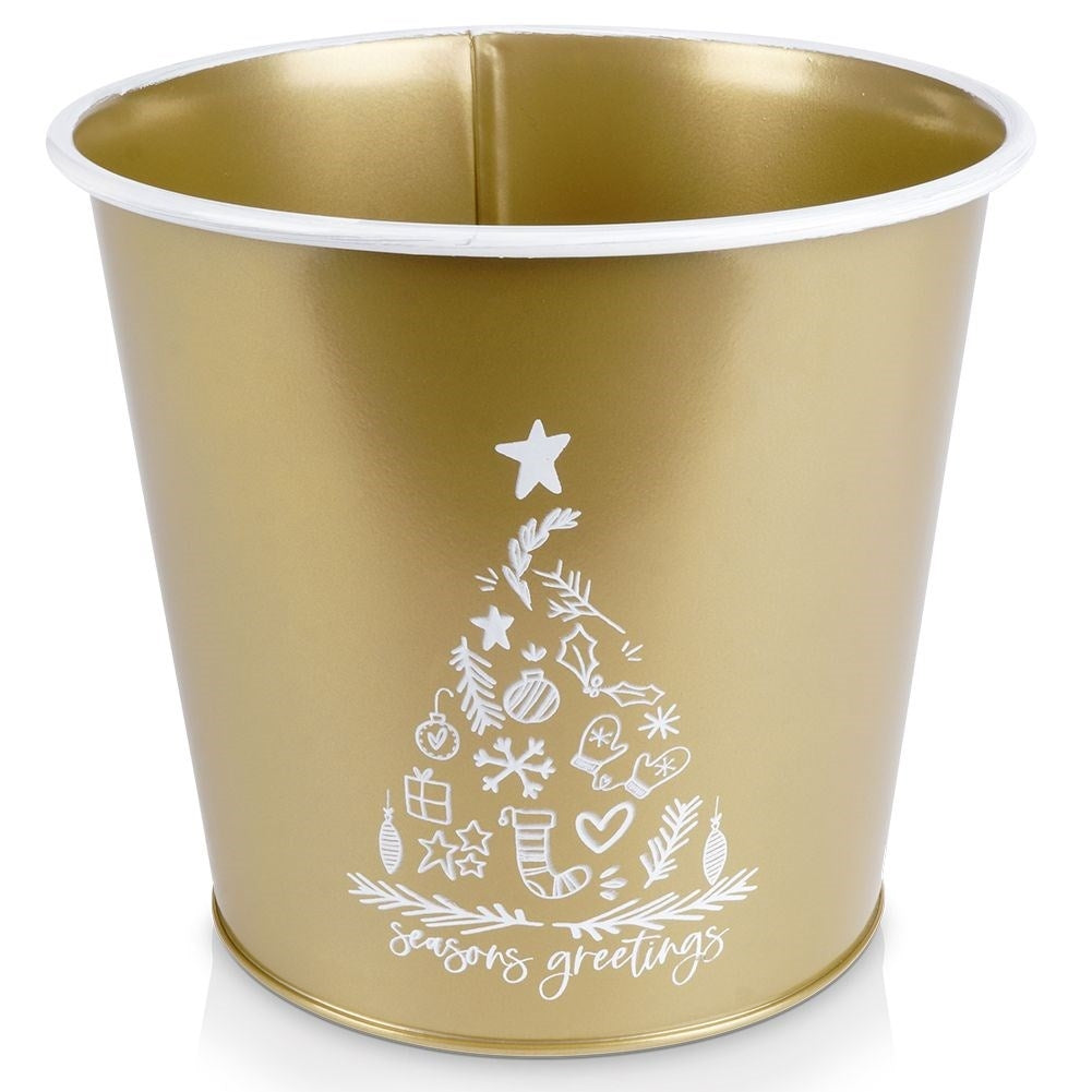 Christmas pot in gold metal with white Christmas tree decoration