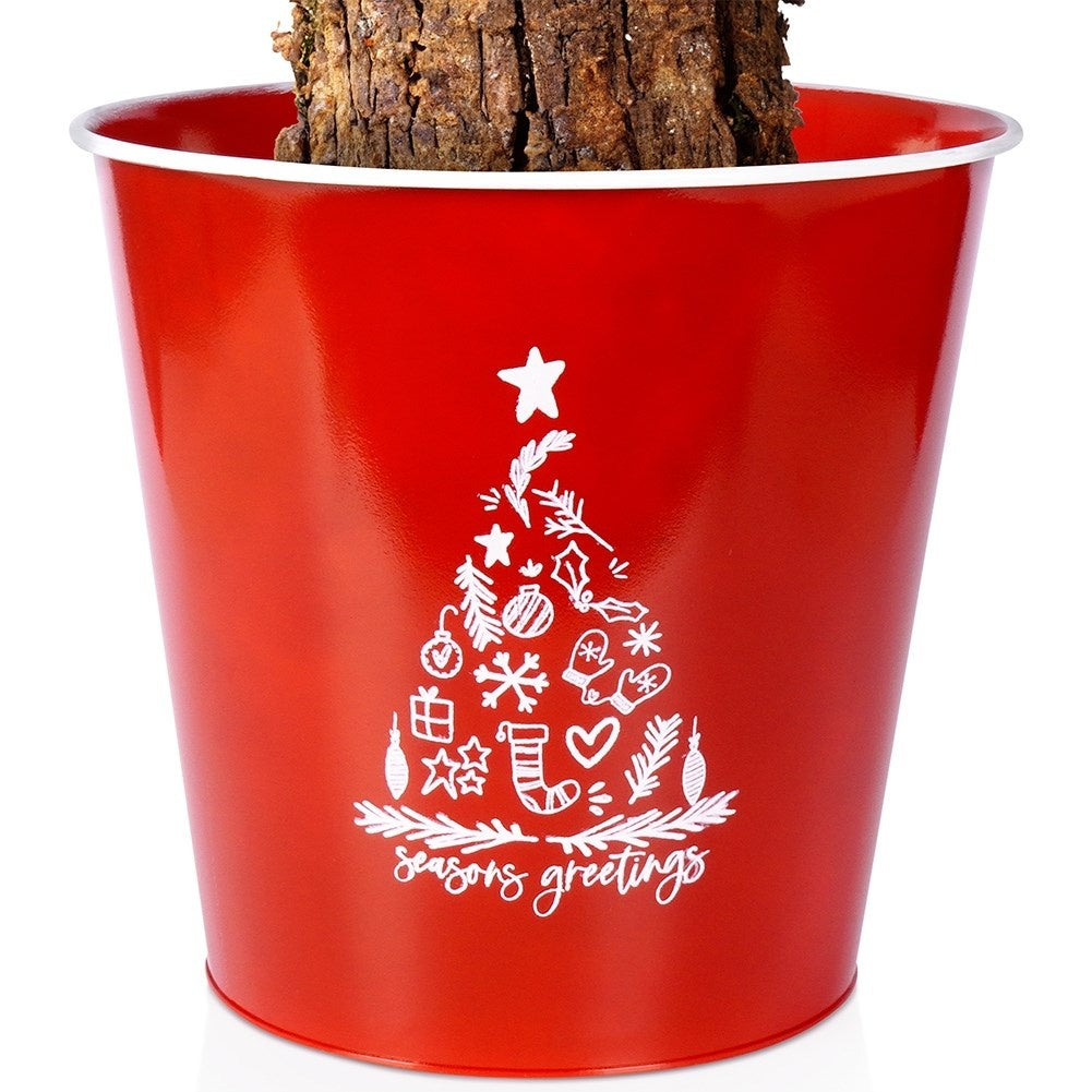 Christmas pot in red metal with white Christmas tree decoration
