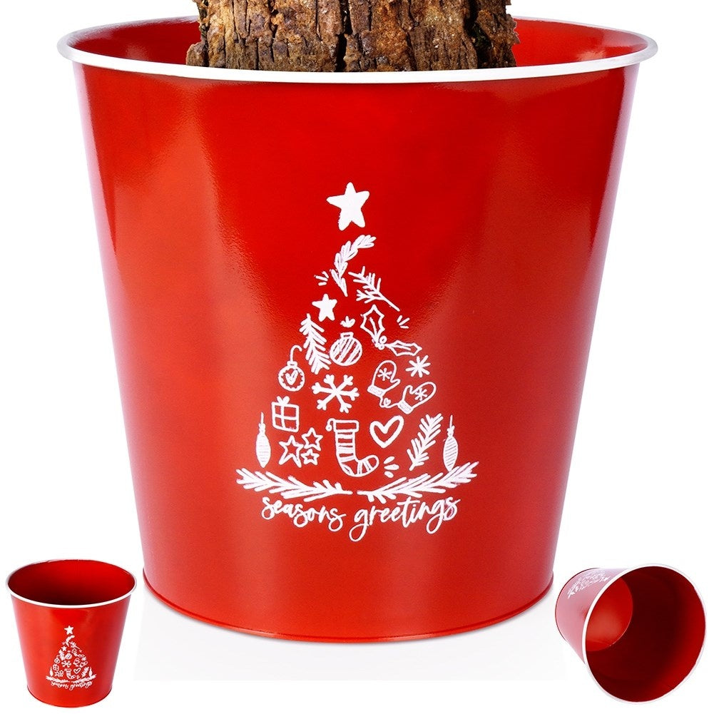 Christmas pot in red metal with white Christmas tree decoration